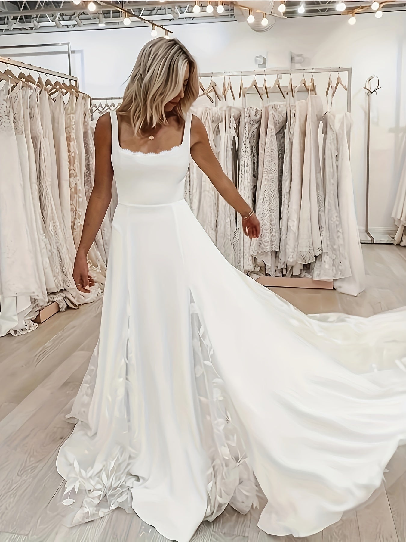 Solid Squared Neck Wedding Dress, Elegant Sleeveless Backless Maxi Dress For Wedding Party, Women's Clothing