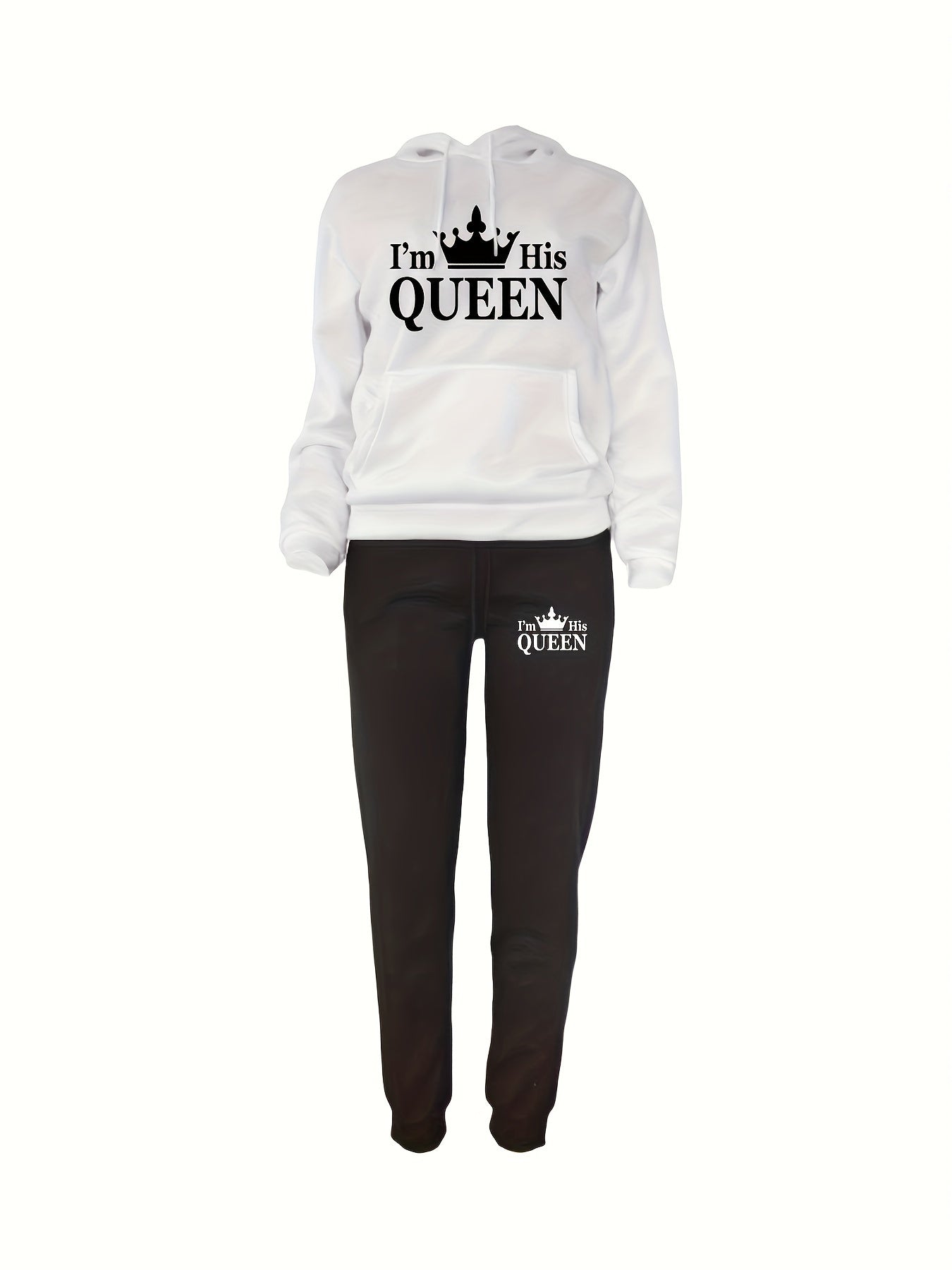 Crown & Letter Print Two-piece Set, Kangaroo Pocket Hoodie & Drawstring Pants Outfits, Women's Clothing