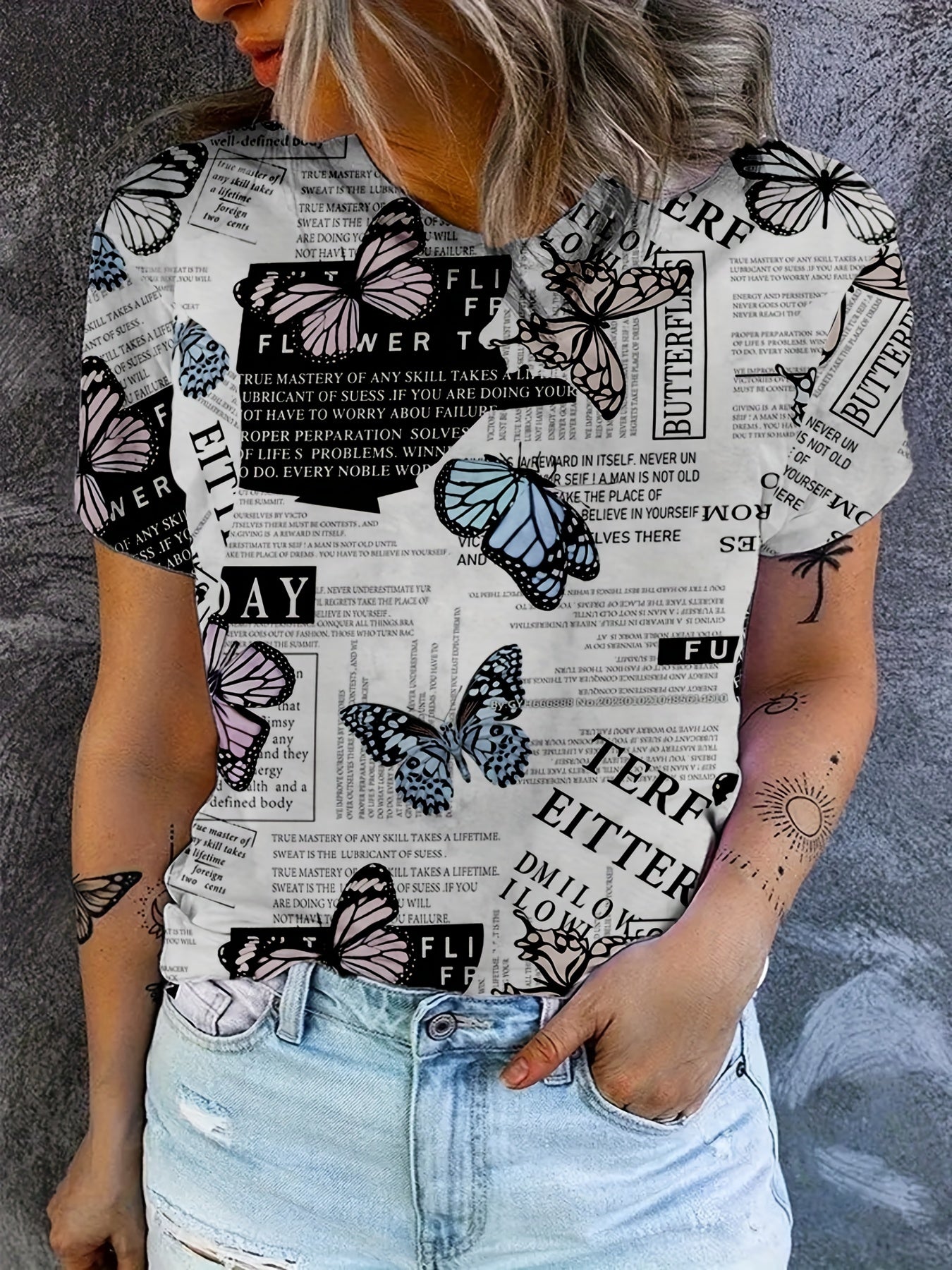 Butterfly & Newspaper Pattern T-Shirt, Casual Crew Neck Short Sleeve T-Shirt For Spring & Summer, Women's Clothing