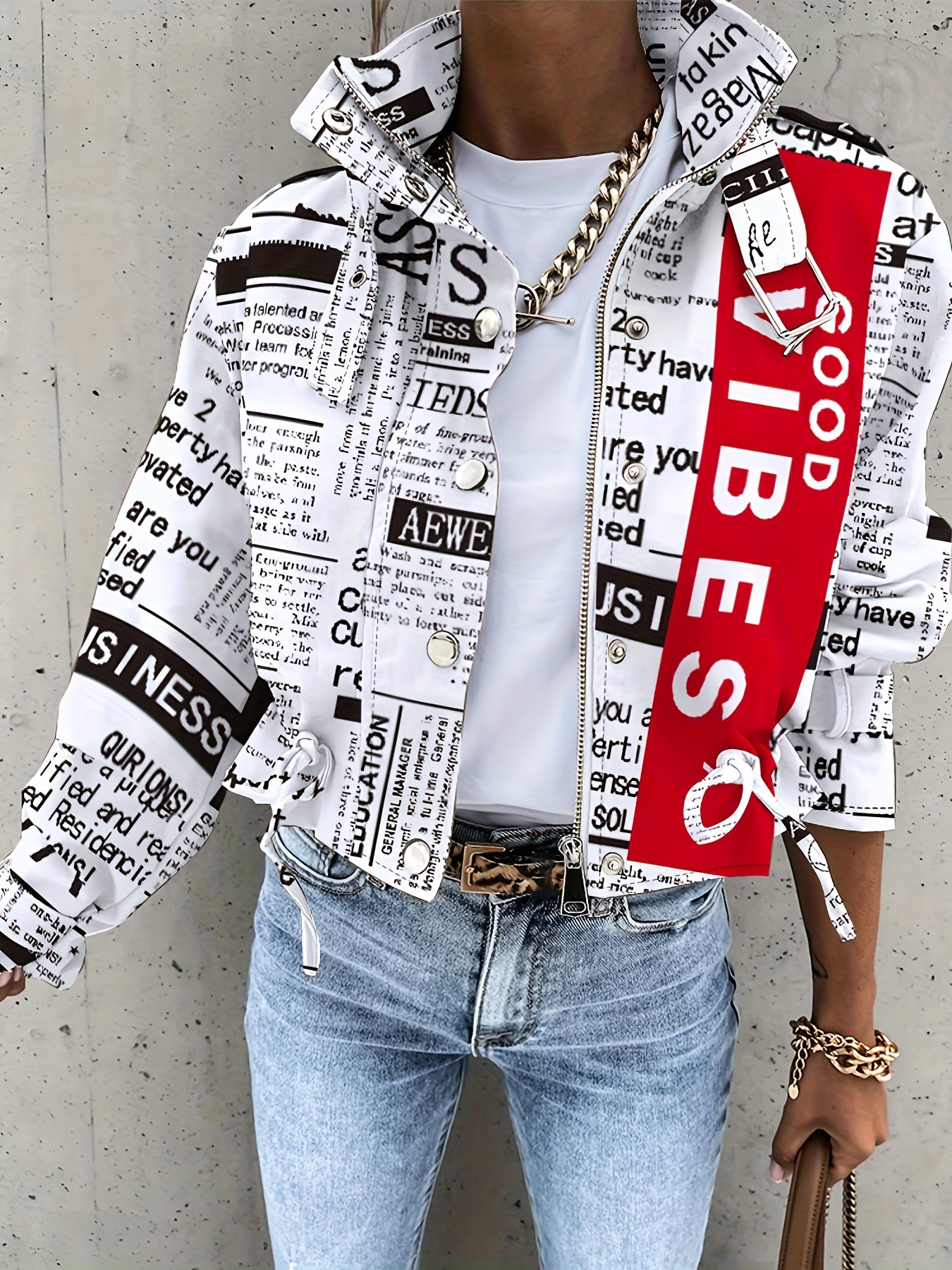 Newspaper Print, Stand Collar Jacket, Casual Button & Zip Front Long Sleeve Outerwear, Women's Clothing