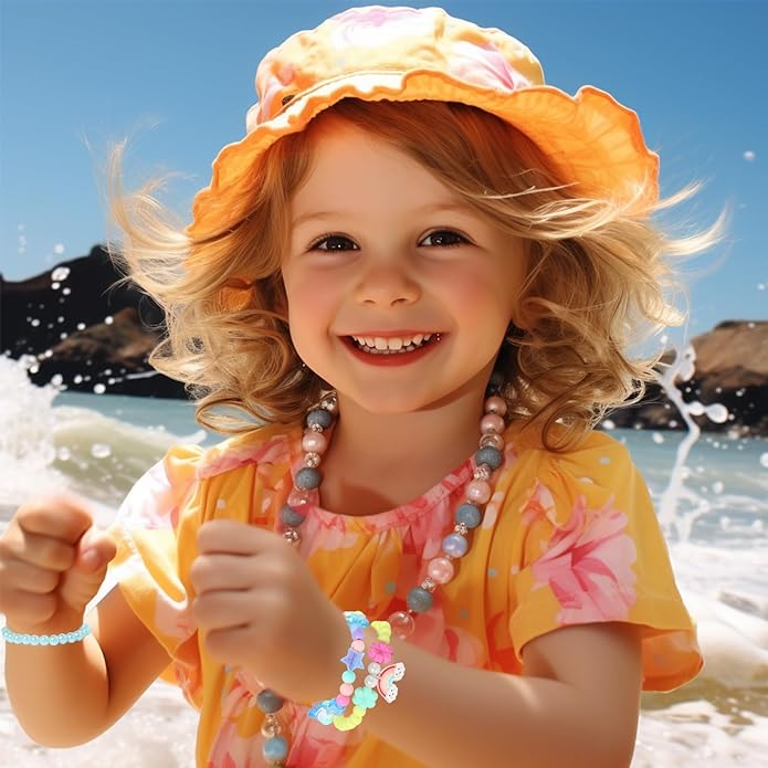 PinkSeep Beaded Bracelets for Kids- 12 Pack 36 PC, Little Girl Plastic Bracelets, Flower Butterfly Pink Bracelet, Party Favor