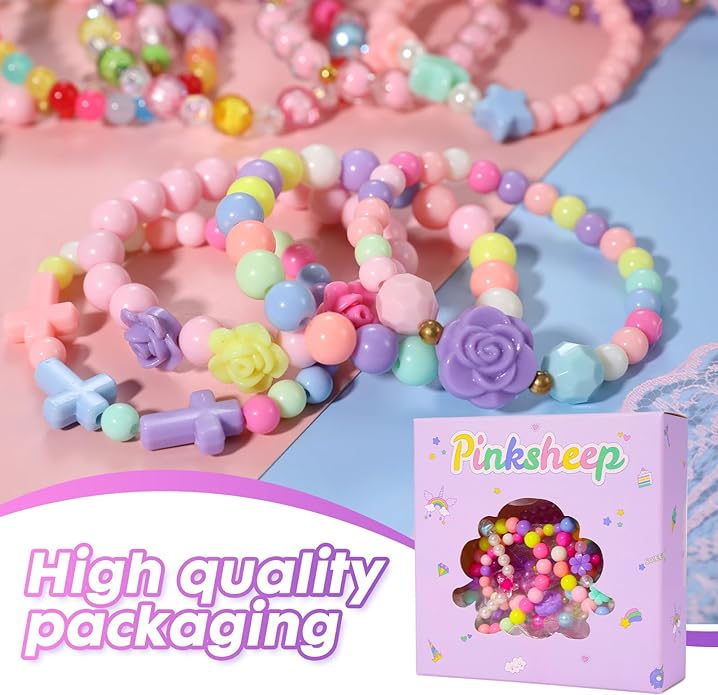 PinkSeep Beaded Bracelets for Kids- 12 Pack 36 PC, Little Girl Plastic Bracelets, Flower Butterfly Pink Bracelet, Party Favor