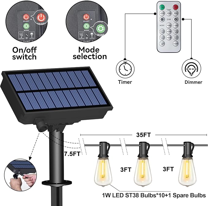 Stright 35FT Solar String Lights Outdoor Weatherproof with Remote, Solar Powered LED Edison Bulb Outdoor String Lights for Outside Patio Backyard Fence Halloween Christmas Decorations