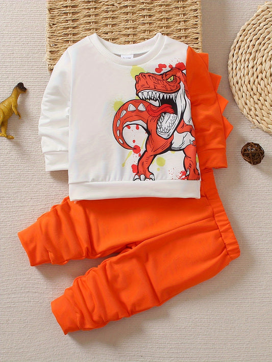Baby Boys Cute Dinosaur Print Stitching Long Sleeve Sweatshirt Pants Matching Set, Kids Clothes