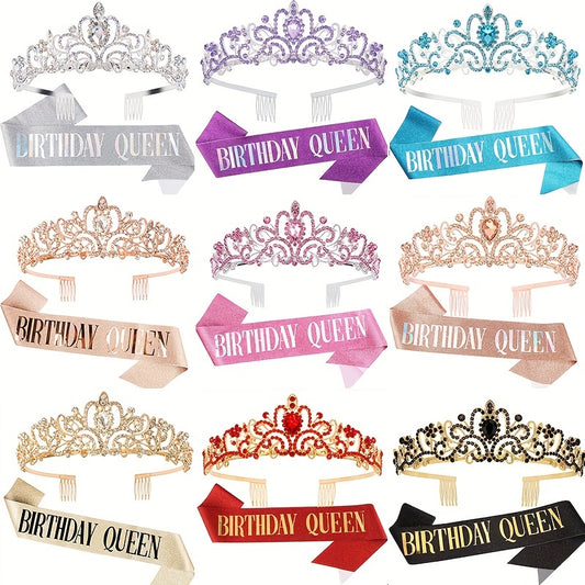 Birthday Party Dress Up Set, Including Birthday Crown And Sash For Girls, Birthday Decorations Set, Rhinestone Headband Hair Accessories Glitter Sash