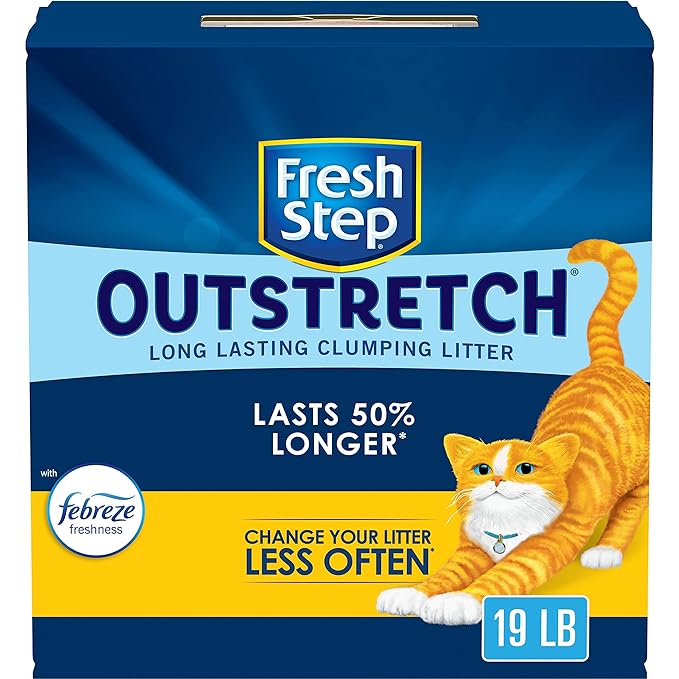Fresh Step Outstretch, Long Lasting Clumping Litter with Febreze Freshness, Lasts 50% Longer*, Activated Charcoal, 19 Pounds, Pack May Vary