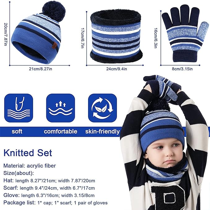 Kids Toddlers Winter Knit Warm Beanie Hat Scarf Gloves Set for Boys Girls Age 2-7, Pompom Cap Neck Warmer Gloves Fleece Lined