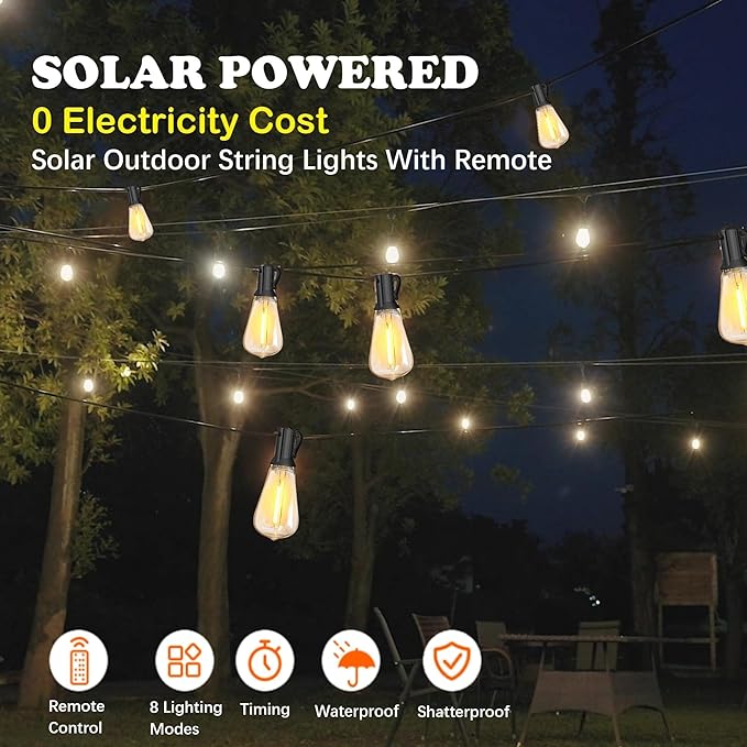 Stright 35FT Solar String Lights Outdoor Weatherproof with Remote, Solar Powered LED Edison Bulb Outdoor String Lights for Outside Patio Backyard Fence Halloween Christmas Decorations