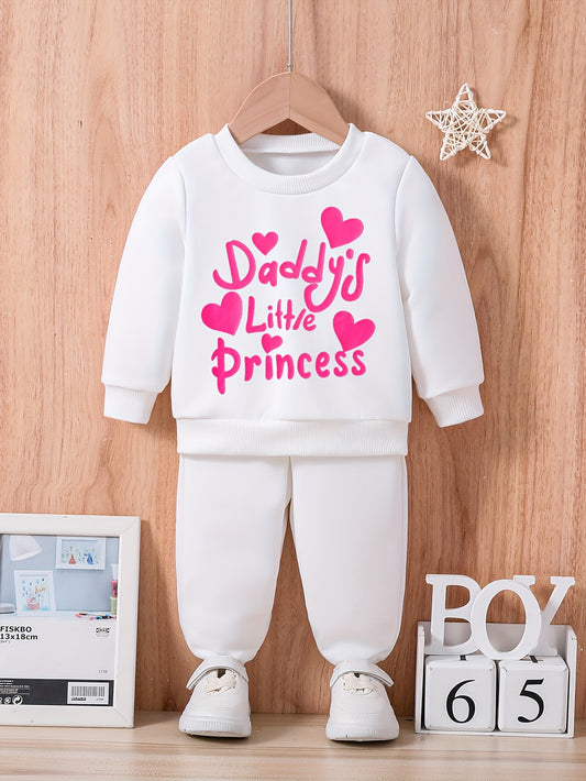 Baby Cute DADDY'S LITTLE PRINCESS, Letter Print Casual Outfit, Long Sleeve Sweatshirt Trousers Set