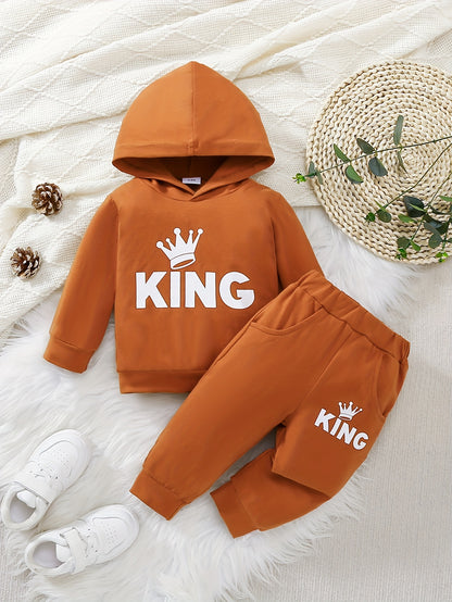 Baby Boy's Casual Fashion Outfit Hooded KING Print  Long Sleeve Sweatshirt + Pants Set
