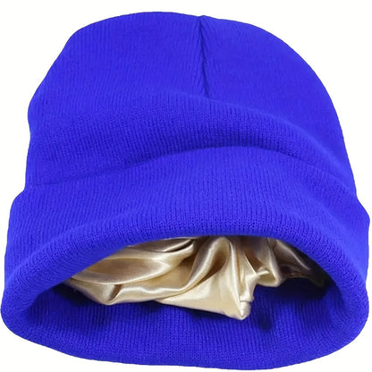 1pc Saitn Lined Knit Beanie Hat, Acrylic Slouchy Warm Cuffed Beanie Hat For Winter Ski