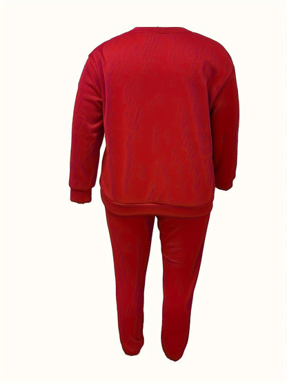 Size 14 - 22 Casual Outfits Set, Women's Plus Letter & Heart Print, Long Sleeve Round Neck Sweatshirt & Joggers, Outfits 2 Piece Set