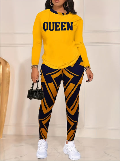 Casual Workout Two-piece Set, Queen Letter Print Long Sleeve Tops & Allover Print Pants Outfits, Women's Clothing