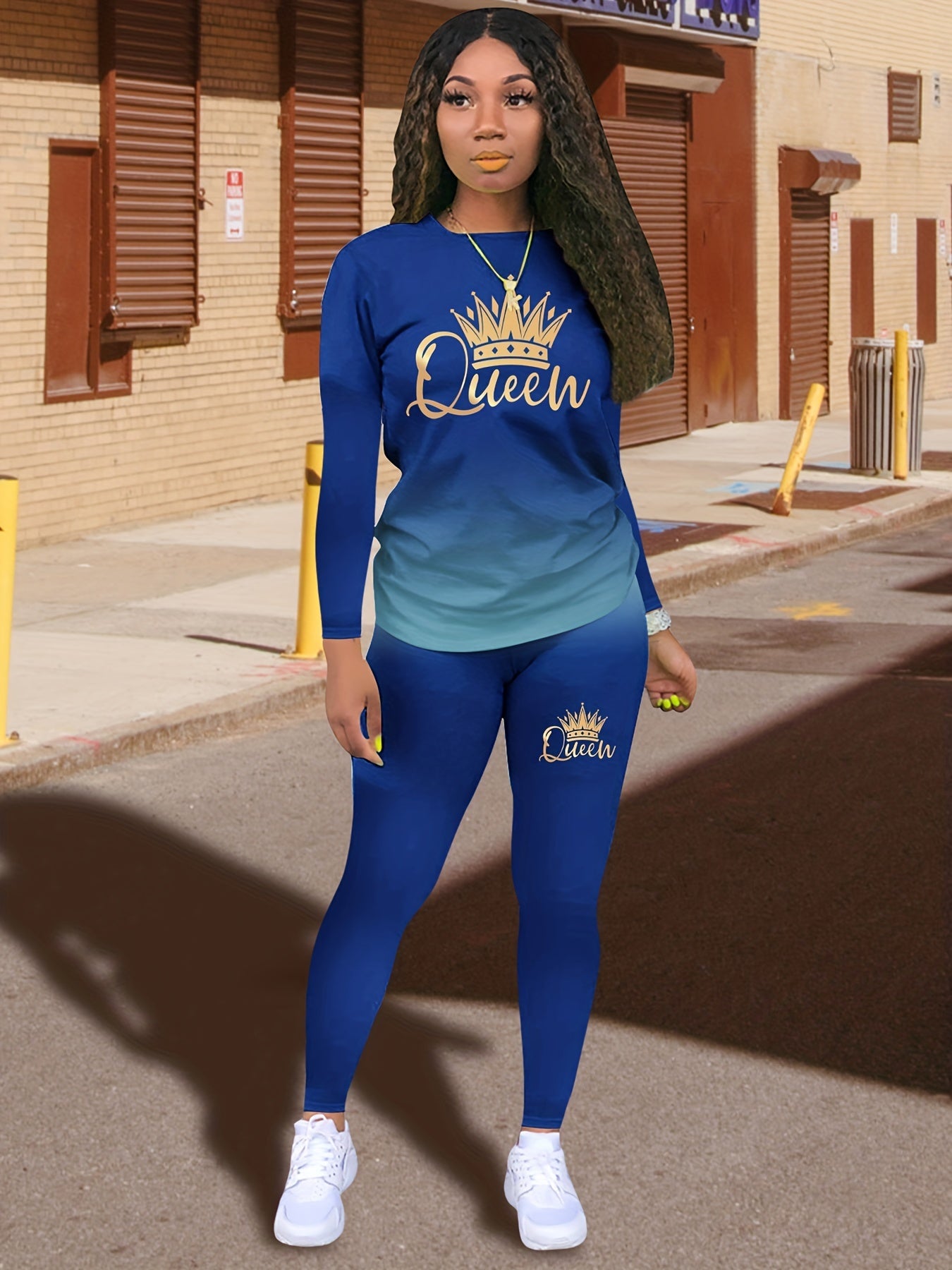 Queen Letter Print Two-piece Set, Crew Neck Long Sleeve Tops & Slim Pants Outfits, Women's Clothing