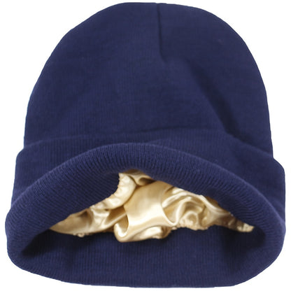 1pc Saitn Lined Knit Beanie Hat, Acrylic Slouchy Warm Cuffed Beanie Hat For Winter Ski