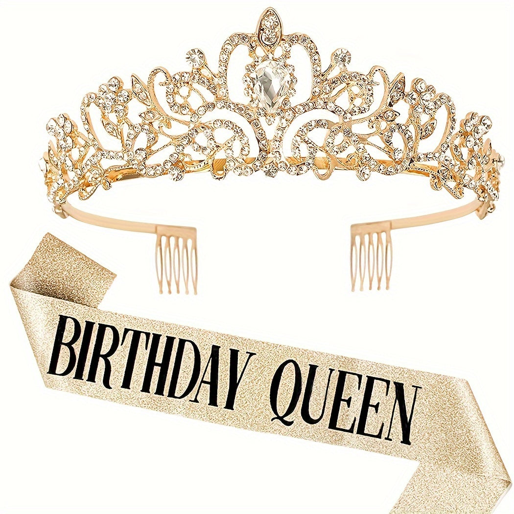 Birthday Party Dress Up Set, Including Birthday Crown And Sash For Girls, Birthday Decorations Set, Rhinestone Headband Hair Accessories Glitter Sash