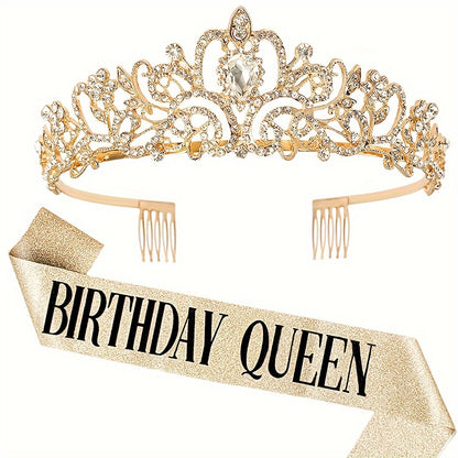 Birthday Party Dress Up Set, Including Birthday Crown And Sash For Girls, Birthday Decorations Set, Rhinestone Headband Hair Accessories Glitter Sash