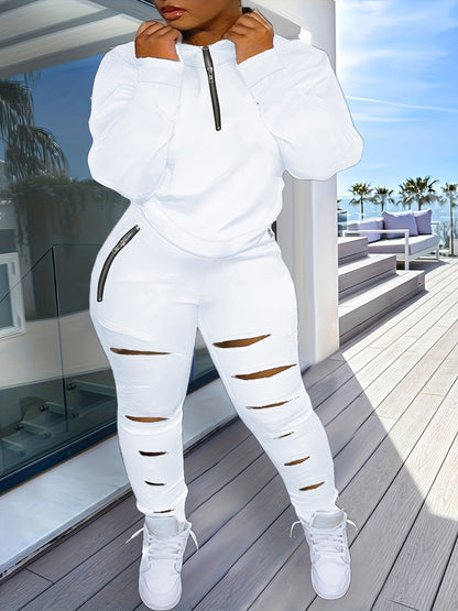 Plus Size Casual Outfit Set, Women's Plus, Solid Long Sleeve Half Zipper Sweatshirt & Ripped Pants, Outfits Two Piece Set