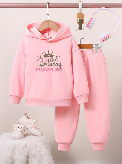 2pcs Cute BIRTHDAY PRINCESS Graphic Hoodie Trousers Set, Toddler Casual Outfit Clothes