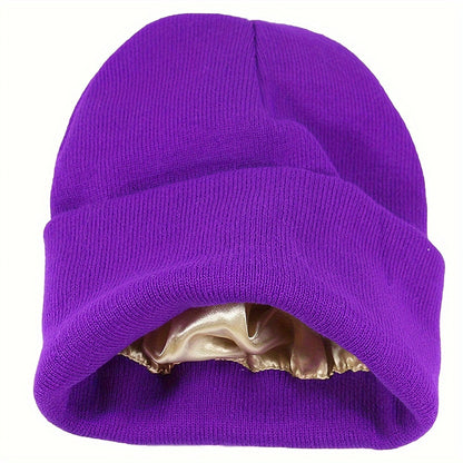 1pc Saitn Lined Knit Beanie Hat, Acrylic Slouchy Warm Cuffed Beanie Hat For Winter Ski