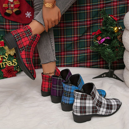 Women's Plaid Ankle Boots, Christmas Style Chunky Low Heeled Boots, Side Zipper Short Boots