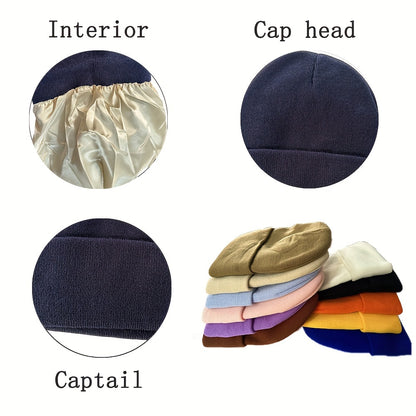 1pc Saitn Lined Knit Beanie Hat, Acrylic Slouchy Warm Cuffed Beanie Hat For Winter Ski