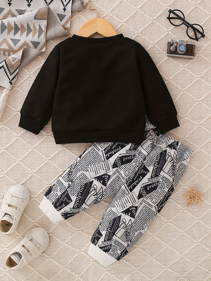 Baby Boys Trendy Newspaper Graffiti Print Outfits, Kids Earphone Print Sweatshirt Pants Set