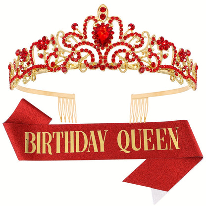 Birthday Party Dress Up Set, Including Birthday Crown And Sash For Girls, Birthday Decorations Set, Rhinestone Headband Hair Accessories Glitter Sash