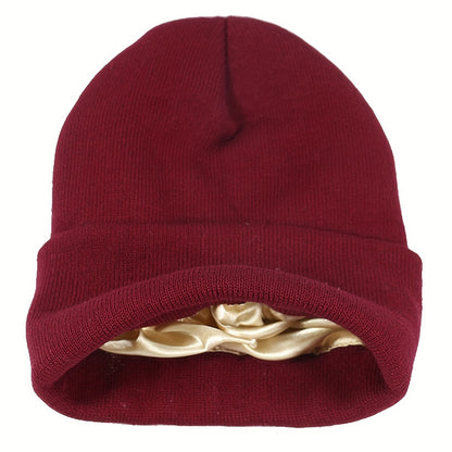 1pc Saitn Lined Knit Beanie Hat, Acrylic Slouchy Warm Cuffed Beanie Hat For Winter Ski