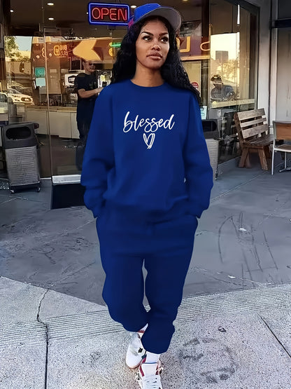 Size 14 - 22 Casual Outfits Set, Women's Plus Letter & Heart Print, Long Sleeve Round Neck Sweatshirt & Joggers, Outfits 2 Piece Set