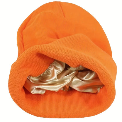 1pc Saitn Lined Knit Beanie Hat, Acrylic Slouchy Warm Cuffed Beanie Hat For Winter Ski