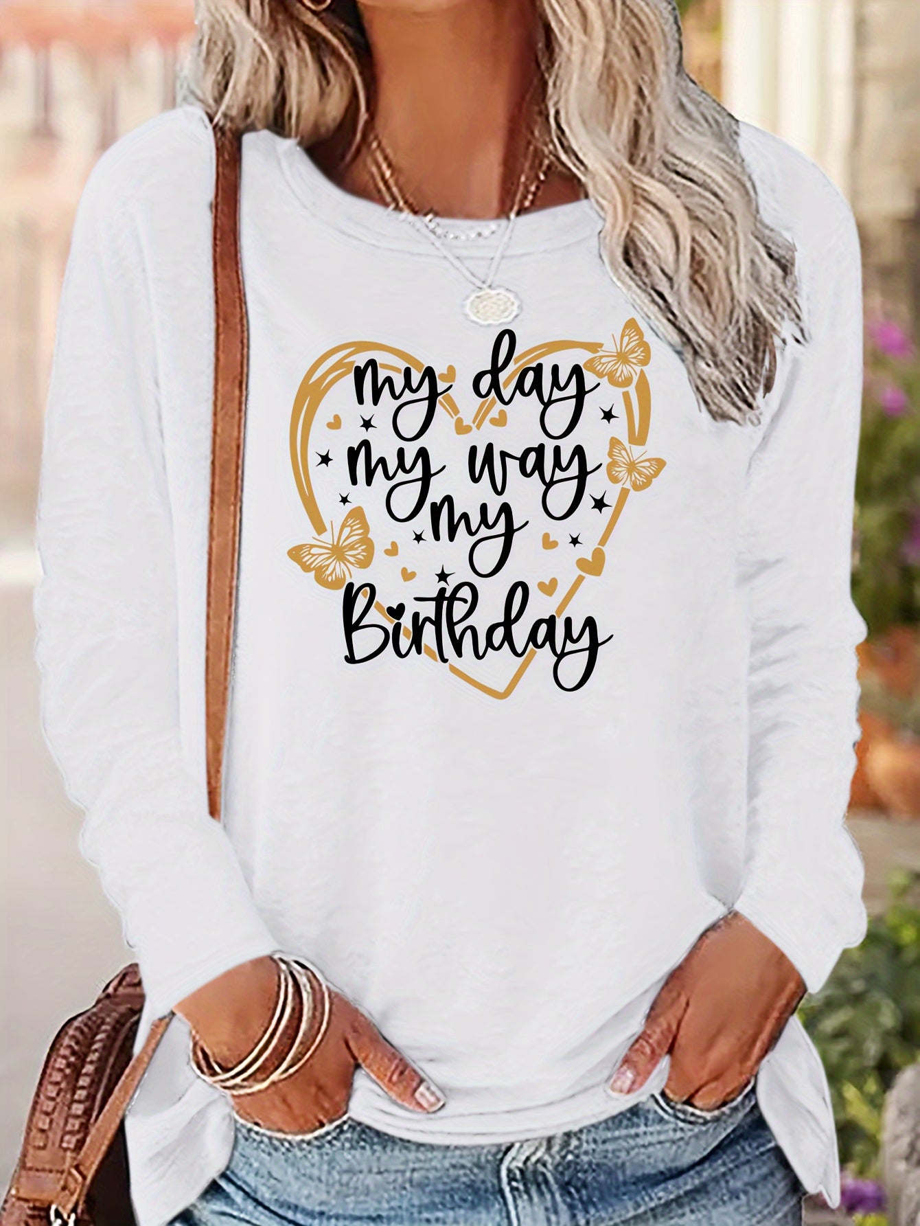Heart & My Birthday Letter Print T-shirt, Long Sleeve Crew Neck, Casual Top, Women's Clothing
