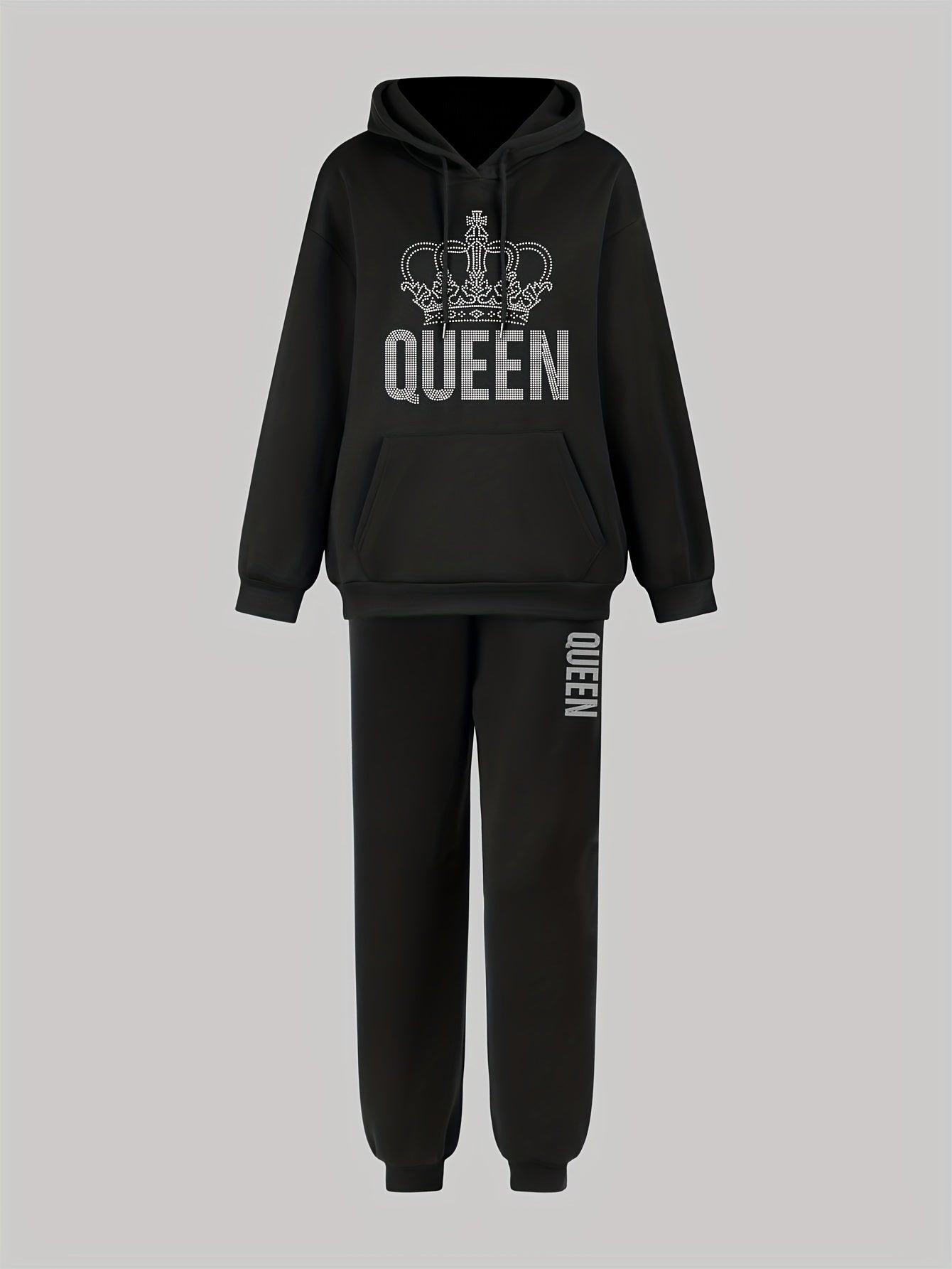 Queen Print Two-piece Set, Casual Long Sleeve Drawstring Hoodie & Jogger Sweatpants Outfits, Women's Clothing