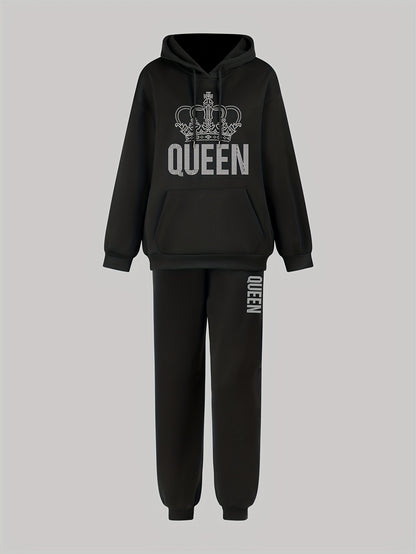 Queen Print Two-piece Set, Casual Long Sleeve Drawstring Hoodie & Jogger Sweatpants Outfits, Women's Clothing