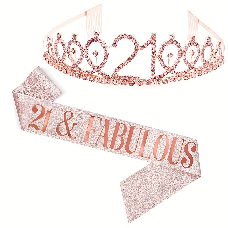 2pcs Birthday Party Accessories Set, 10/13/18/21/30/40/50/60/70/80 Years Old, Birthday Party Rhinestone Headband And Sasha