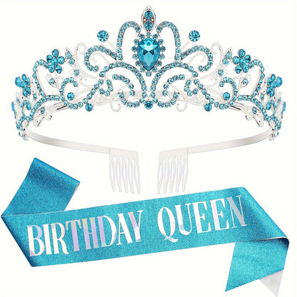 Birthday Party Dress Up Set, Including Birthday Crown And Sash For Girls, Birthday Decorations Set, Rhinestone Headband Hair Accessories Glitter Sash