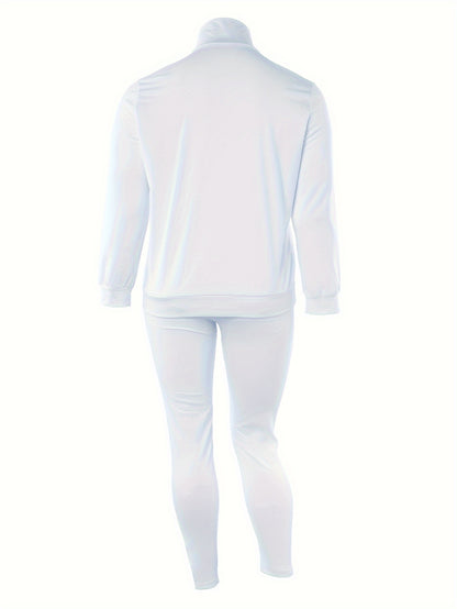 Plus Size Casual Outfit Set, Women's Plus, Solid Long Sleeve Half Zipper Sweatshirt & Ripped Pants, Outfits Two Piece Set