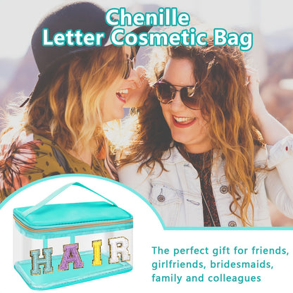 Chenille Letter Clear Makeup Bags Hair Pouch, Preppy Patch Makeup Bag Zipper With Handle, Transparent PVC & Nylon Waterproof Glitter Cosmetic Handbag Travel Toiletry Storage Bag Valentine's Day Birthday Gift For Girls Women (HAIR-Green)