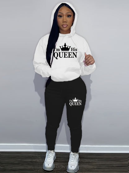 Crown & Letter Print Two-piece Set, Kangaroo Pocket Hoodie & Drawstring Pants Outfits, Women's Clothing