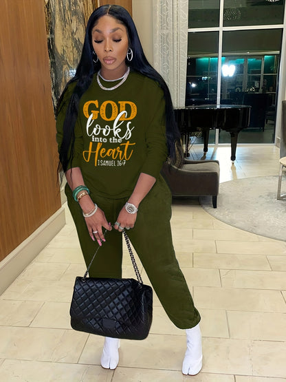 Casual Workout Two-piece Set, God Letter Print, Long Sleeve Tops & Long Length Solid Jogger Pants Outfits, Women's Clothing