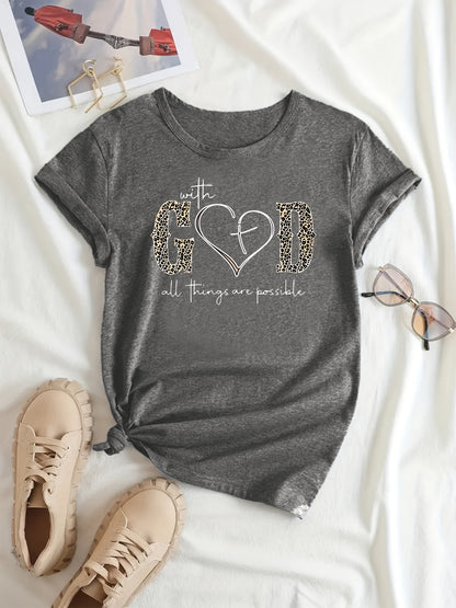 With God Print Summer Short Sleeve Crew Neck Casual Top