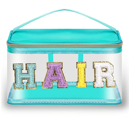 Chenille Letter Clear Makeup Bags Hair Pouch, Preppy Patch Makeup Bag Zipper With Handle, Transparent PVC & Nylon Waterproof Glitter Cosmetic Handbag Travel Toiletry Storage Bag Valentine's Day Birthday Gift For Girls Women (HAIR-Green)