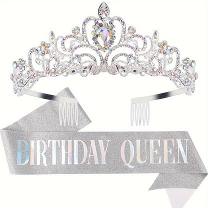 Birthday Party Dress Up Set, Including Birthday Crown And Sash For Girls, Birthday Decorations Set, Rhinestone Headband Hair Accessories Glitter Sash