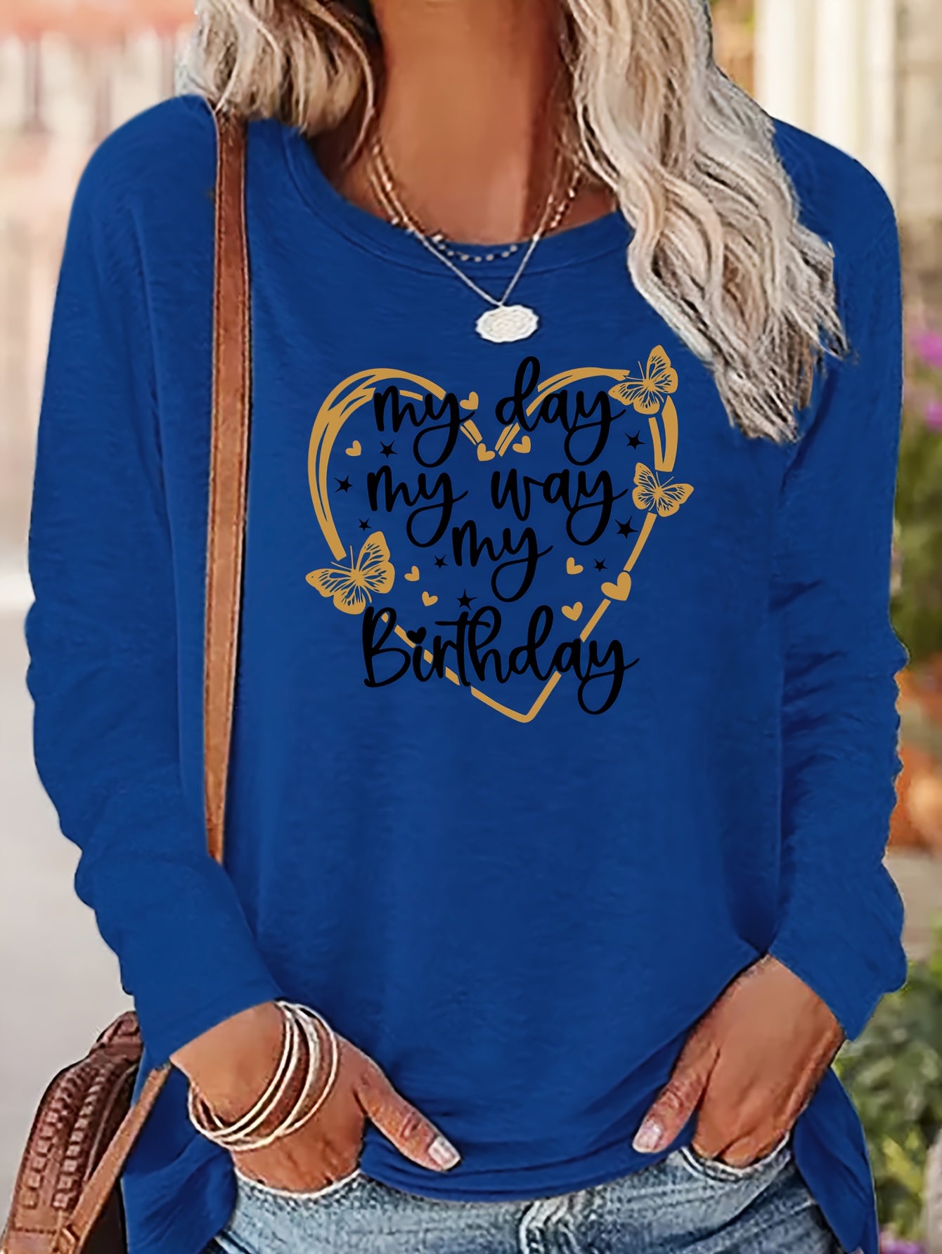 Heart & My Birthday Letter Print T-shirt, Long Sleeve Crew Neck, Casual Top, Women's Clothing
