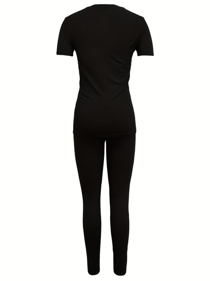 Crown & Letter Print Two-piece Set, Crew Neck Short Sleeve Top & Skinny Pants Outfits, Women's Clothing