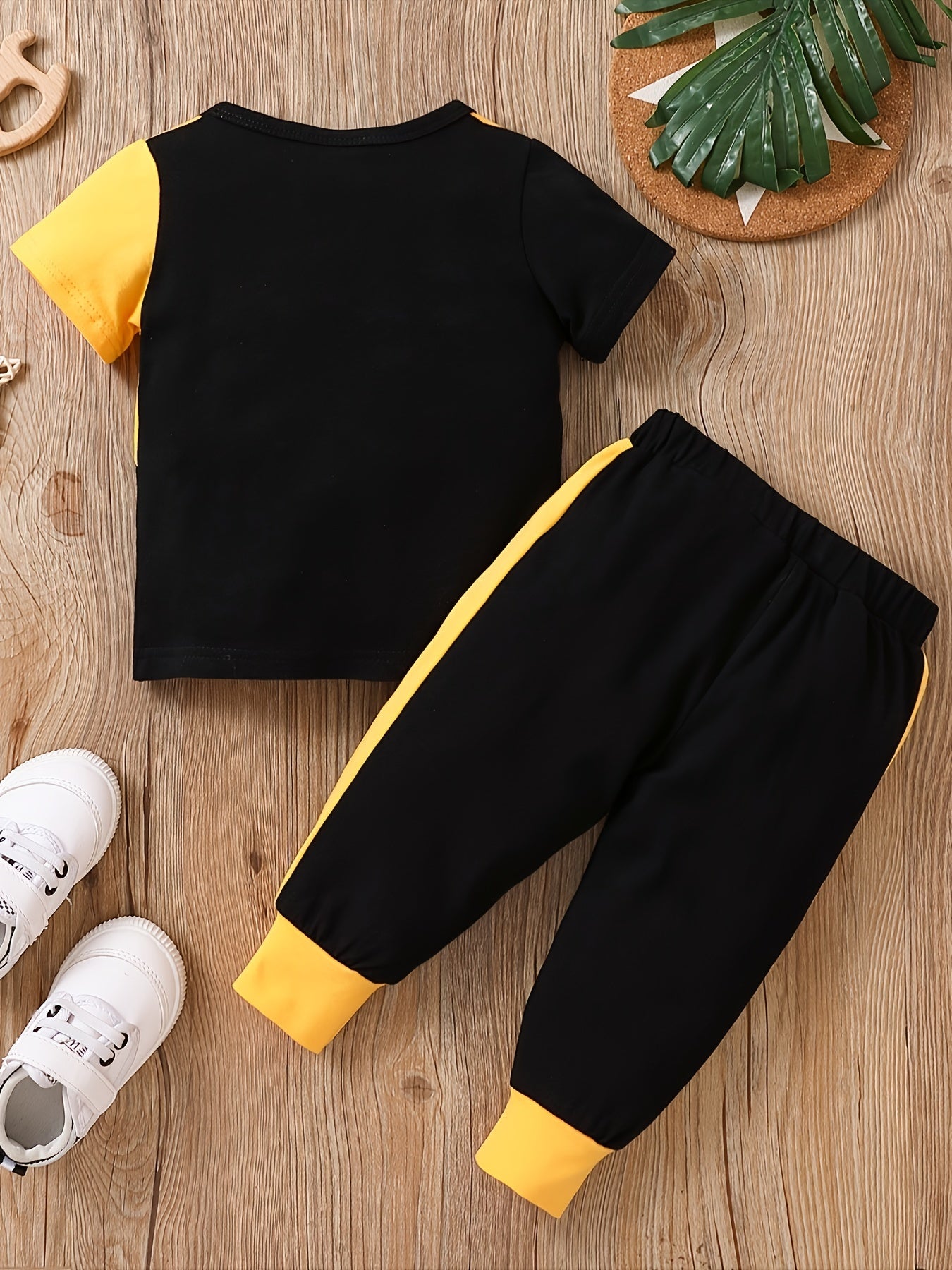 2pcs Baby Boys Casual "LIL KING" Color Block T-shirt & Pants Set Clothes