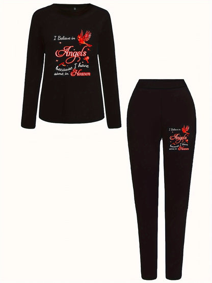 Plus Size Casual Outfits Two Piece Set, Women's Plus Rabbit Print, Long Sleeve Round Neck Top & Leggings, Outfits 2 Piece Set