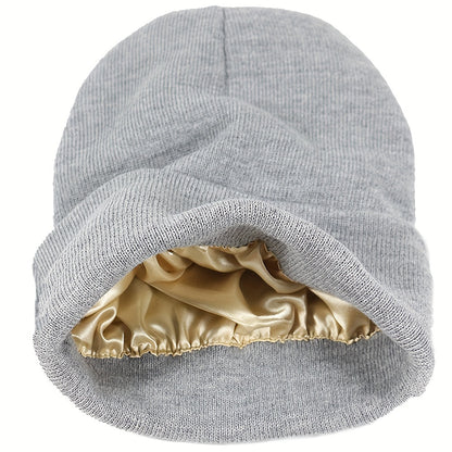 1pc Saitn Lined Knit Beanie Hat, Acrylic Slouchy Warm Cuffed Beanie Hat For Winter Ski