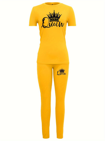 Crown & Letter Print Two-piece Set, Crew Neck Short Sleeve Top & Skinny Pants Outfits, Women's Clothing