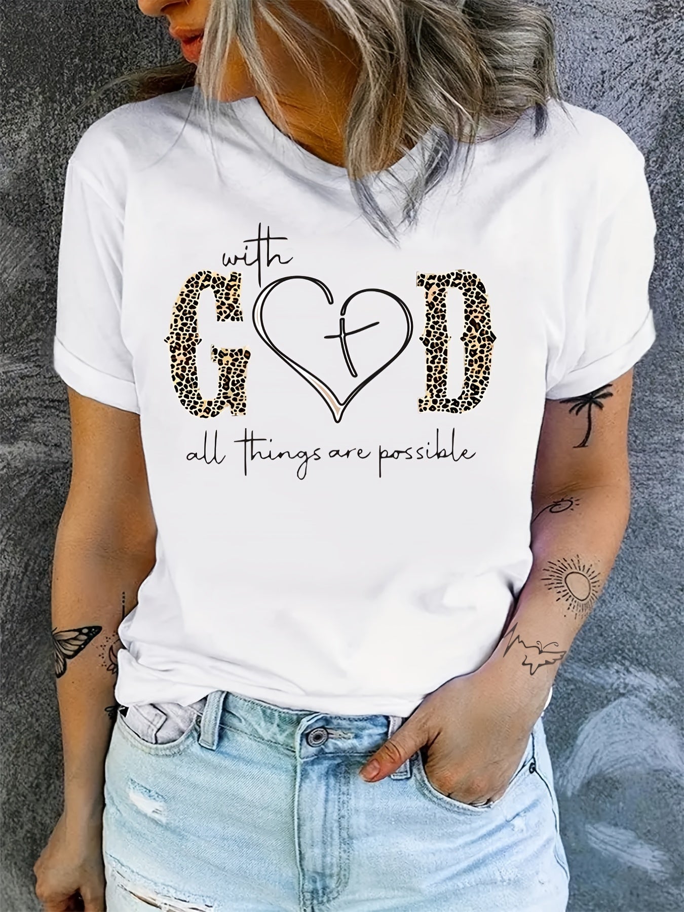 With God Print Summer Short Sleeve Crew Neck Casual Top